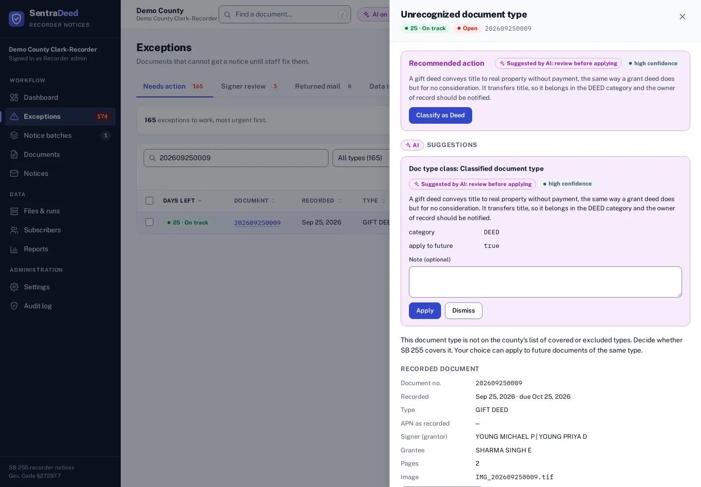 Exception for a GIFT DEED document type: a recommended action suggested by AI with high confidence to classify it as Deed, with the reasoning that a gift deed conveys title, and Apply and Dismiss buttons.