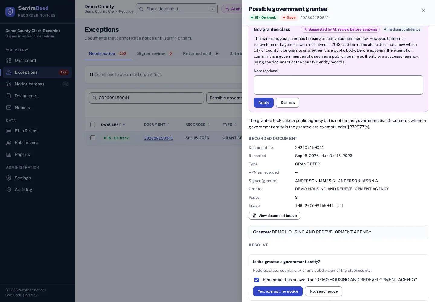 Possible government grantee exception for DEMO HOUSING AND REDEVELOPMENT AGENCY: a copilot suggestion with medium confidence advising staff to confirm the agency is a public body before applying the exemption.