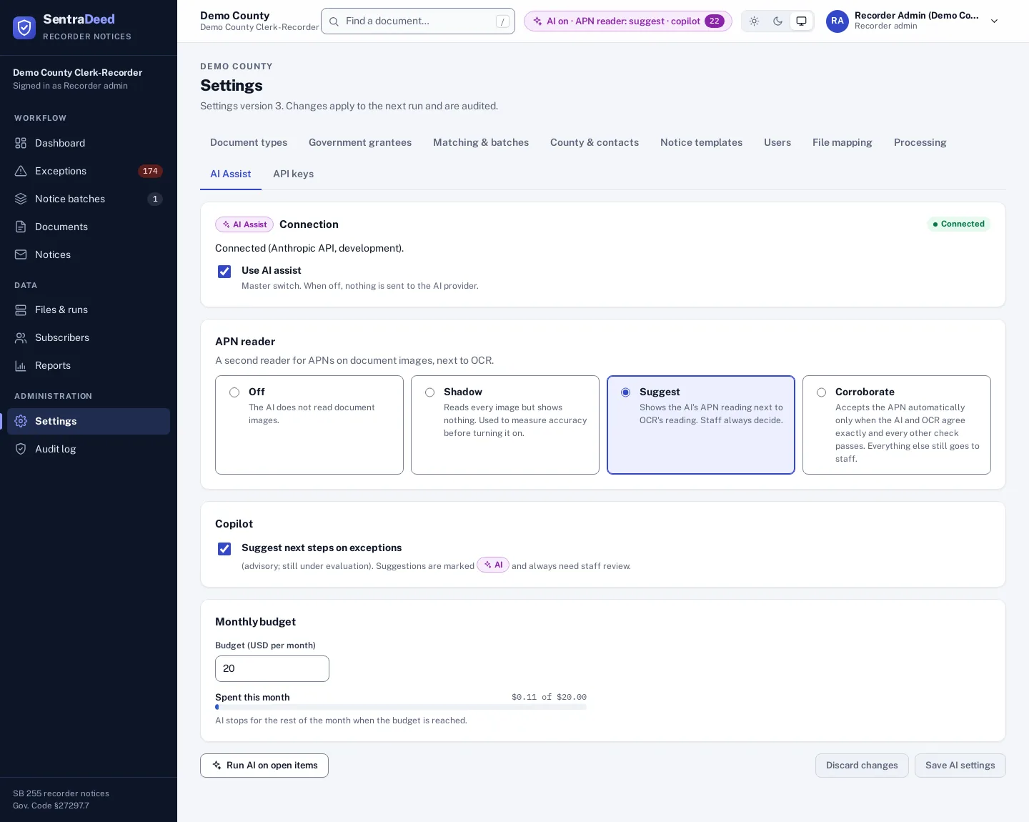 Settings, AI Assist tab: connection status, a master switch, APN reader modes Off, Shadow, Suggest and Corroborate with Suggest selected, the copilot switch marked advisory and still under evaluation, and a monthly budget meter. No keys are shown.