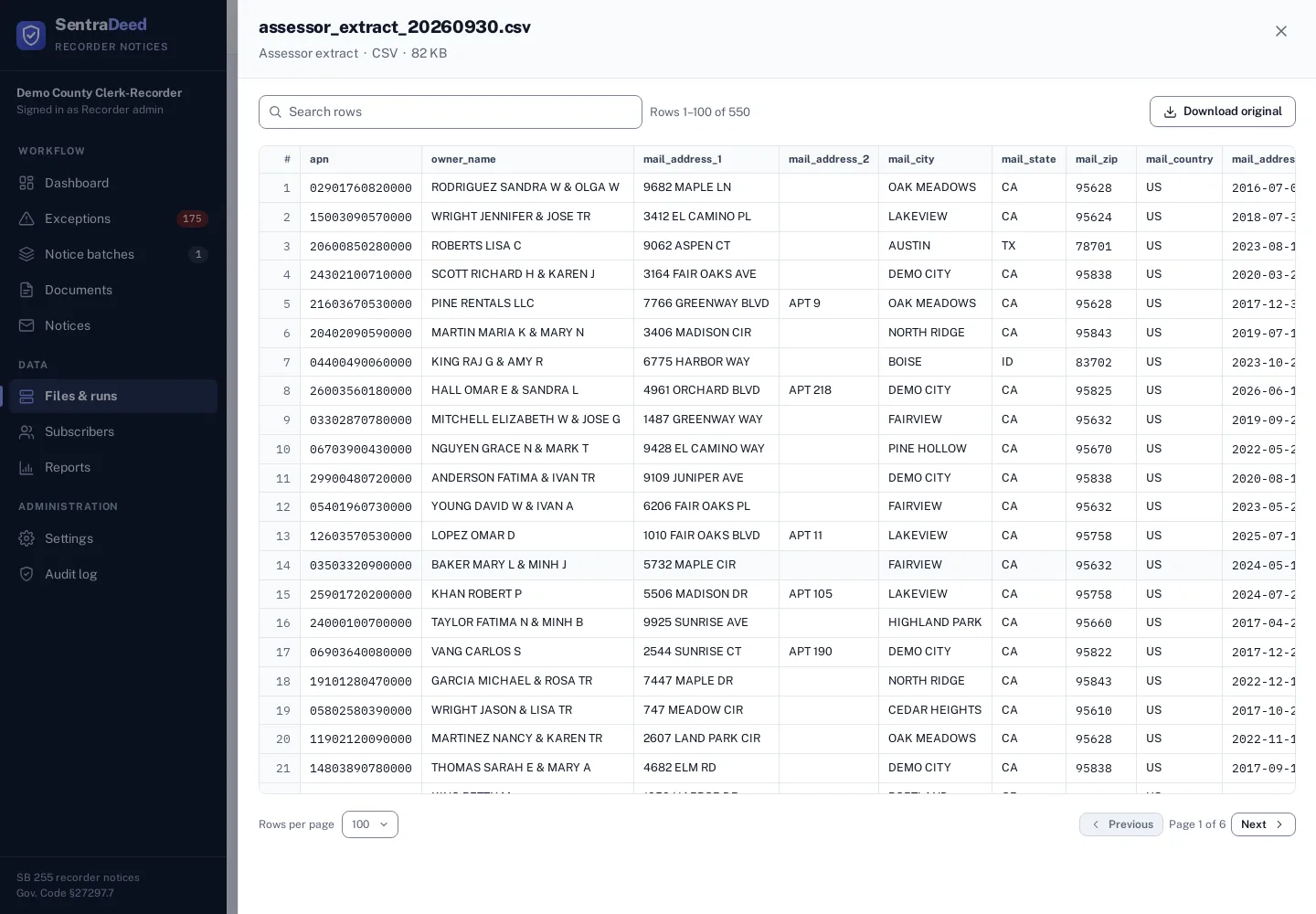 A received Assessor extract CSV opened in the file viewer as a searchable, paged table of 550 rows.