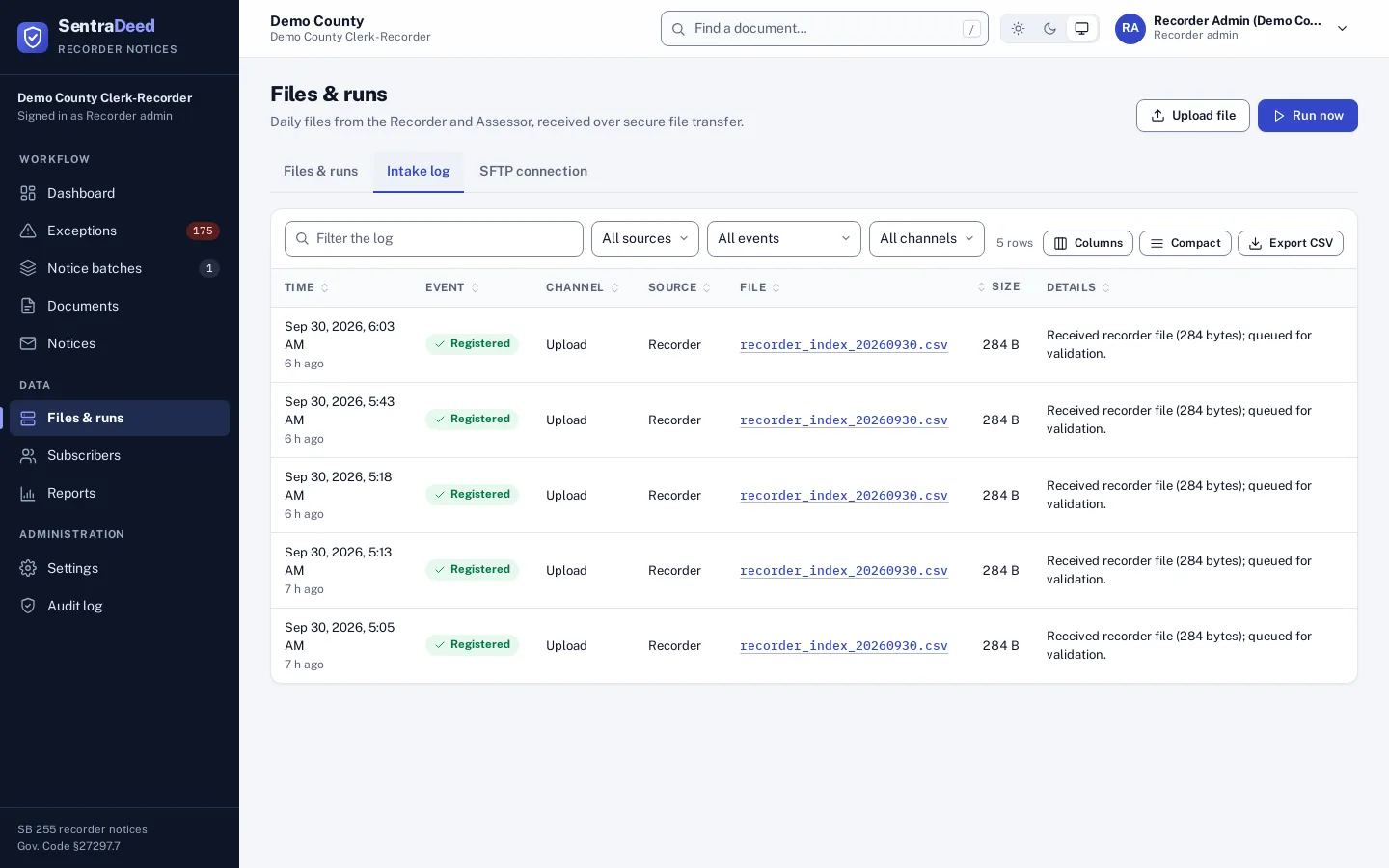 Files and runs page on the Intake log tab: a table of files found, with time, event, channel, source, file name, size and details.