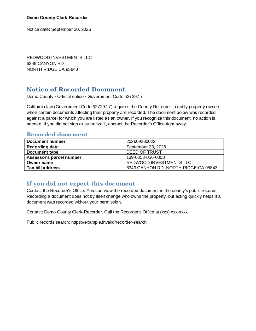Page one of a Notice of Recorded Document from the Demo County Clerk/Recorder, with the recipient and tax-bill address in the envelope window area, an explanation of Government Code section 27297.7, a table of document details, and what to do if the document was not expected.
