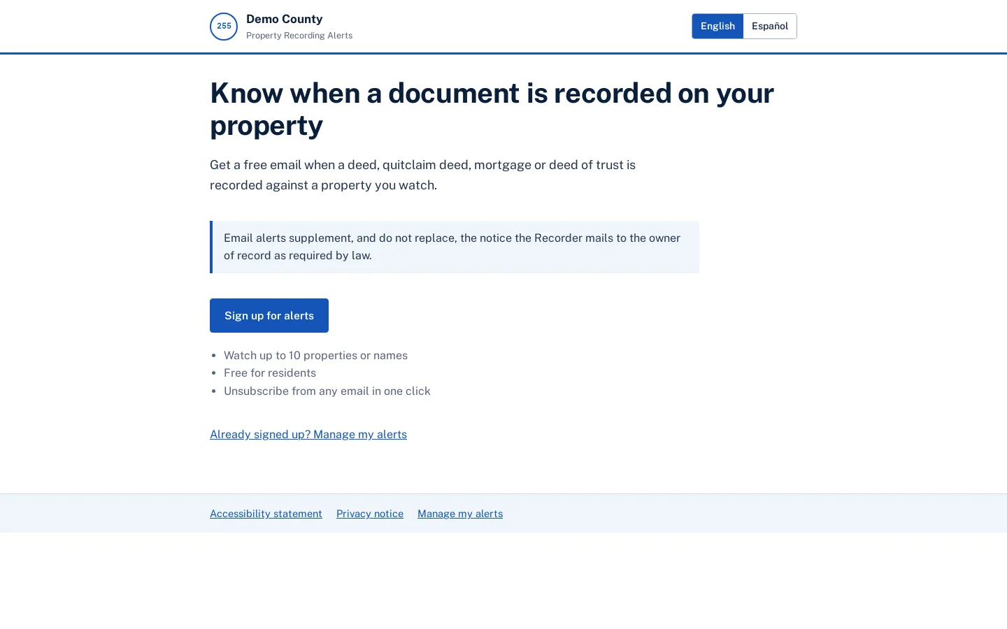 Resident portal home page for the County of Demo with an English and Español switch, the heading Know when a document is recorded on your property, a note that email alerts supplement the mailed notice, and a Sign up for alerts button.