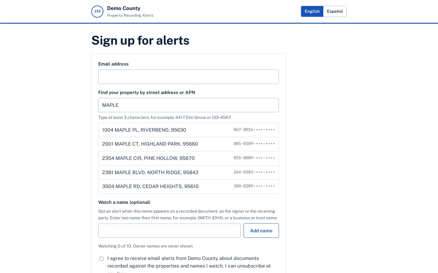 Resident sign-up page with an email field, a property search showing street addresses with masked parcel numbers, and a field to watch a name.