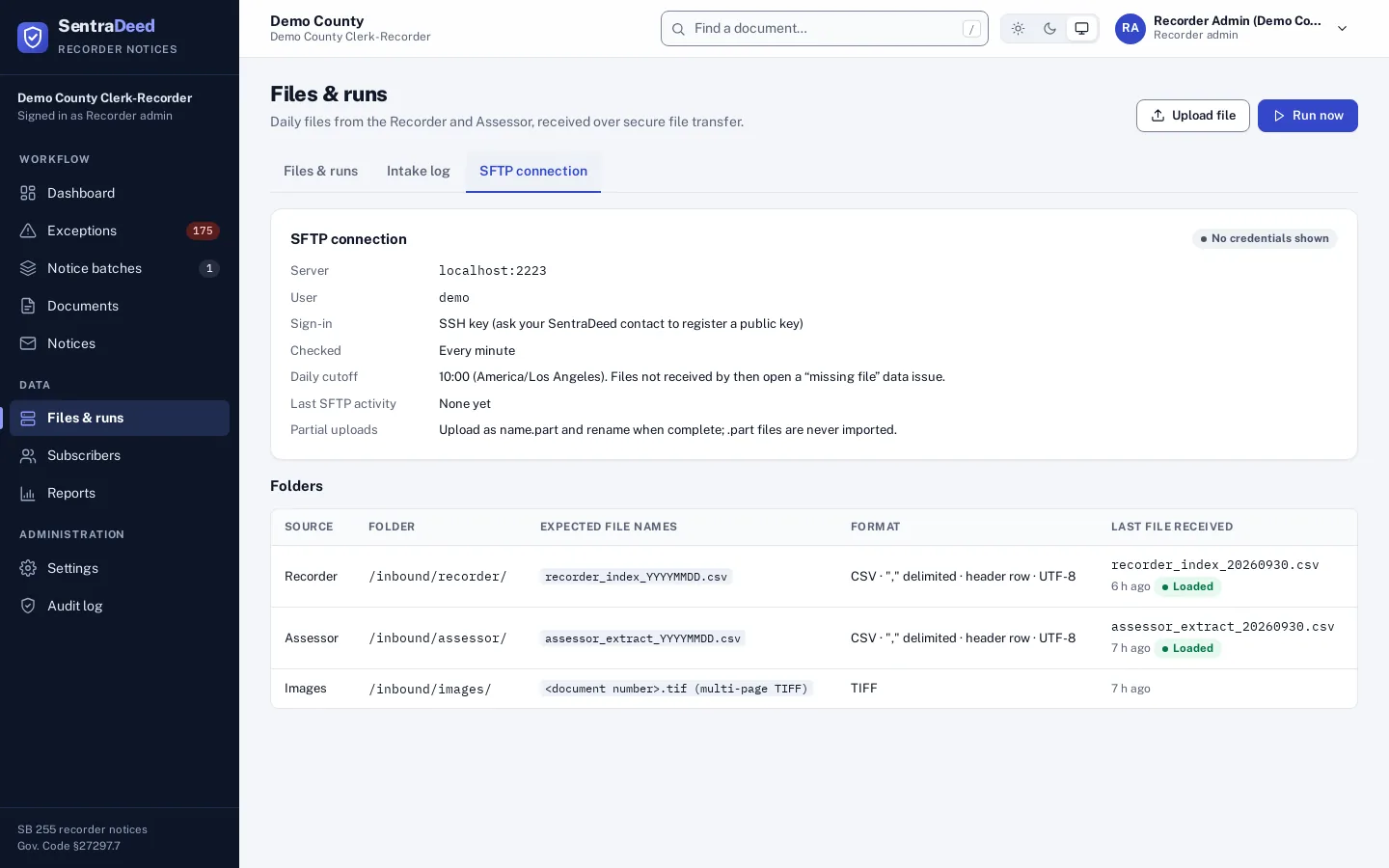 SFTP connection tab showing the server, user, key-based sign-in, a check every minute, the daily cutoff, and the folders /inbound/recorder/, /inbound/assessor/ and /inbound/images/ with expected file names.