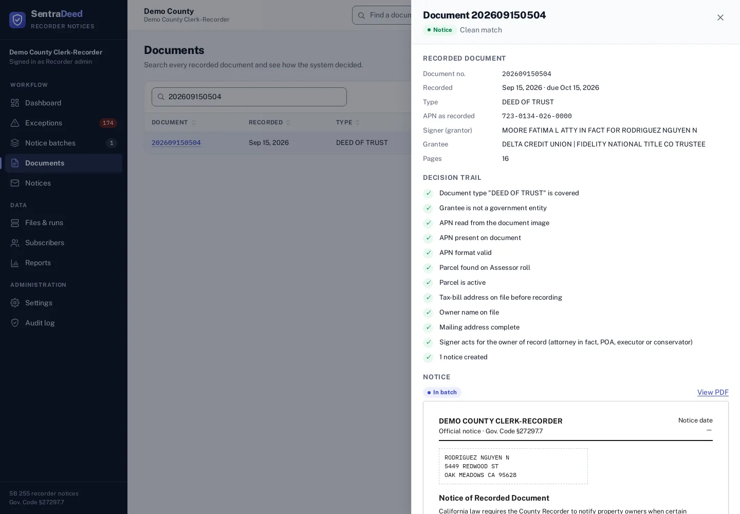 Document drawer for document 202609150504. The decision trail includes: Signer acts for the owner of record (attorney in fact, POA, executor or conservator). One notice created.