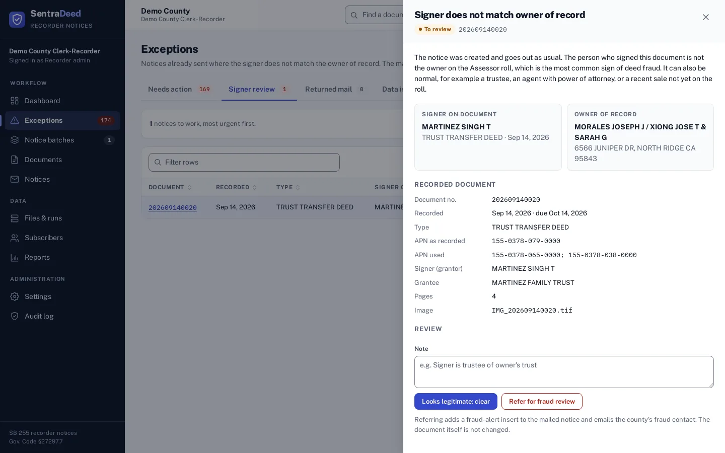 Signer review drawer for a trust transfer deed: the signer on the document next to the owner of record, the recorded document details, a note field, and the buttons Looks legitimate: clear and Refer for fraud review.